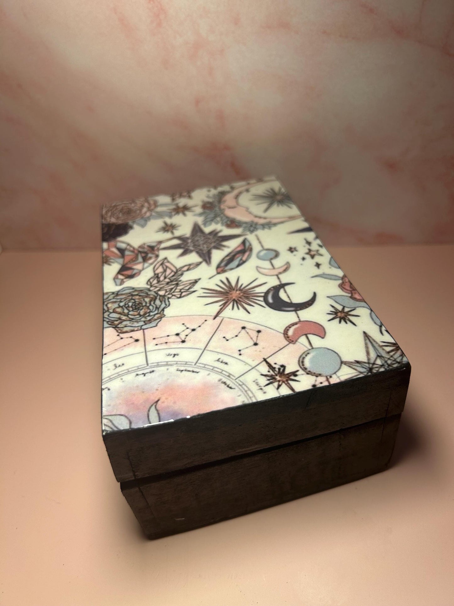 Wooden Celestial Storage Box, Moon and Stars Trinket Box, Boho Jewelry Organizer, Witchy Keepsake Box, Gift for Astrology Lovers