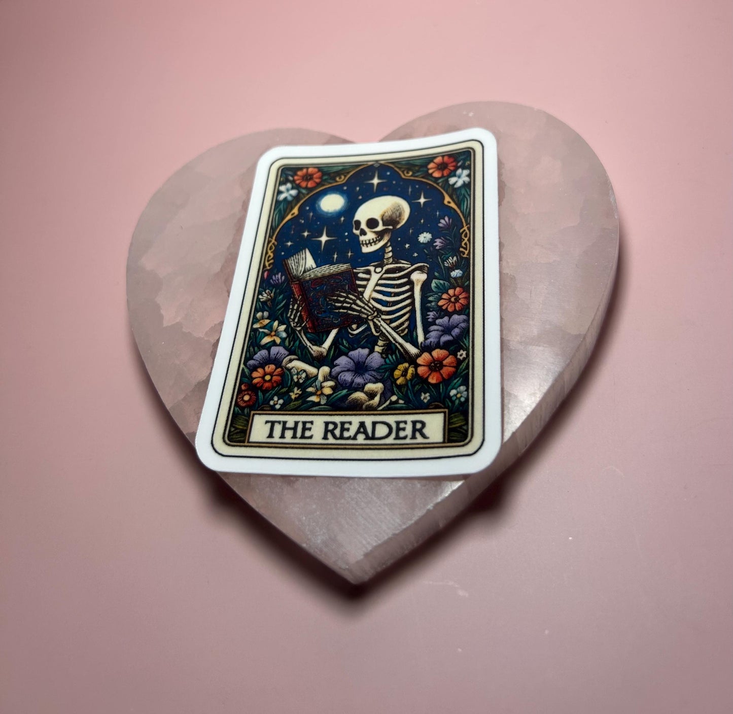 Skeleton Book Lover Tarot Card Sticker, Witchy Bibliophile Decal, Halloween Occult Reading Journal Laptop Sticker