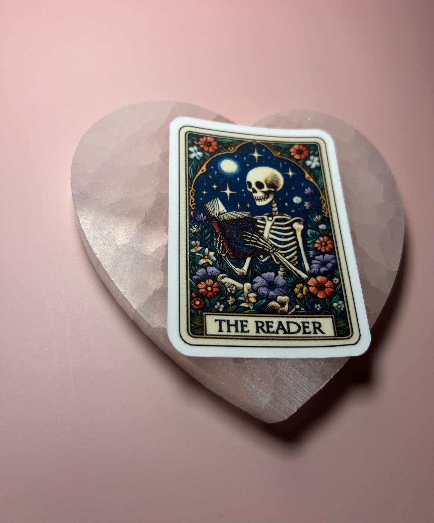 Skeleton Book Lover Tarot Card Sticker, Witchy Bibliophile Decal, Halloween Occult Reading Journal Laptop Sticker