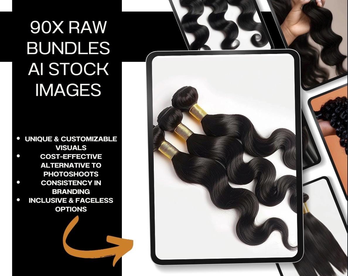 90 Raw Hair Bundles AI Stock Images, Hair Extension & Wig Business Product Photos, Social Media Marketing Content Pack, Digital Download