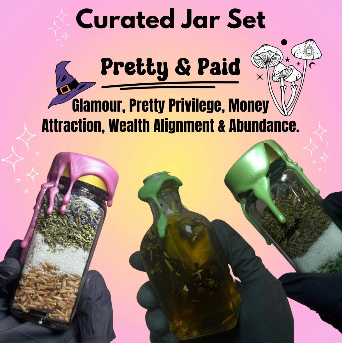Witchy Jar Set of 3,  Pretty Privilege Sugar Jar, Wealth Alignment Honey Jar, Money Loves Me Sugar Jar, Glamour & Prosperity Gift Set