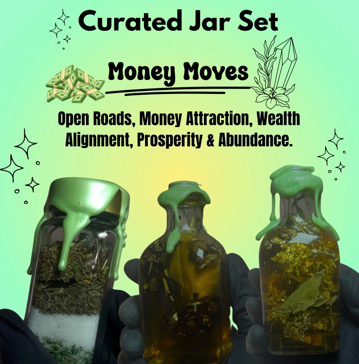 Money Moves Witchy Jar Set of 3 , Road Opener Honey Jar, Wealth Alignment Honey Jar, Money Loves Me Sugar Jar, Prosperity Altar Decor