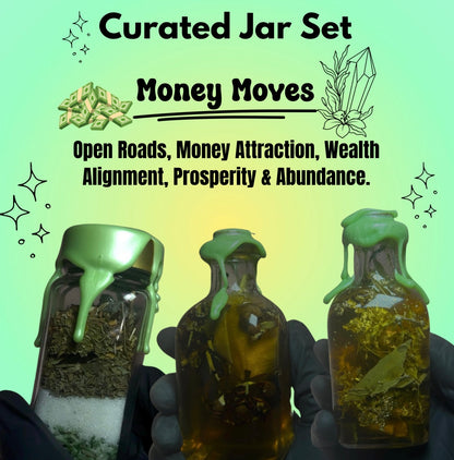 Money Moves Witchy Jar Set of 3 , Road Opener Honey Jar, Wealth Alignment Honey Jar, Money Loves Me Sugar Jar, Prosperity Altar Decor