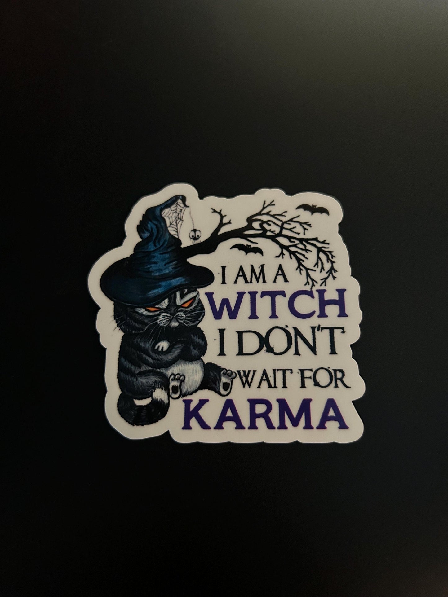 Funny Cute Cat Witch Sticker, I’m a Witch, I Don’t Wait for Karma, Magical Vinyl Decal for Witches and Cat Lovers