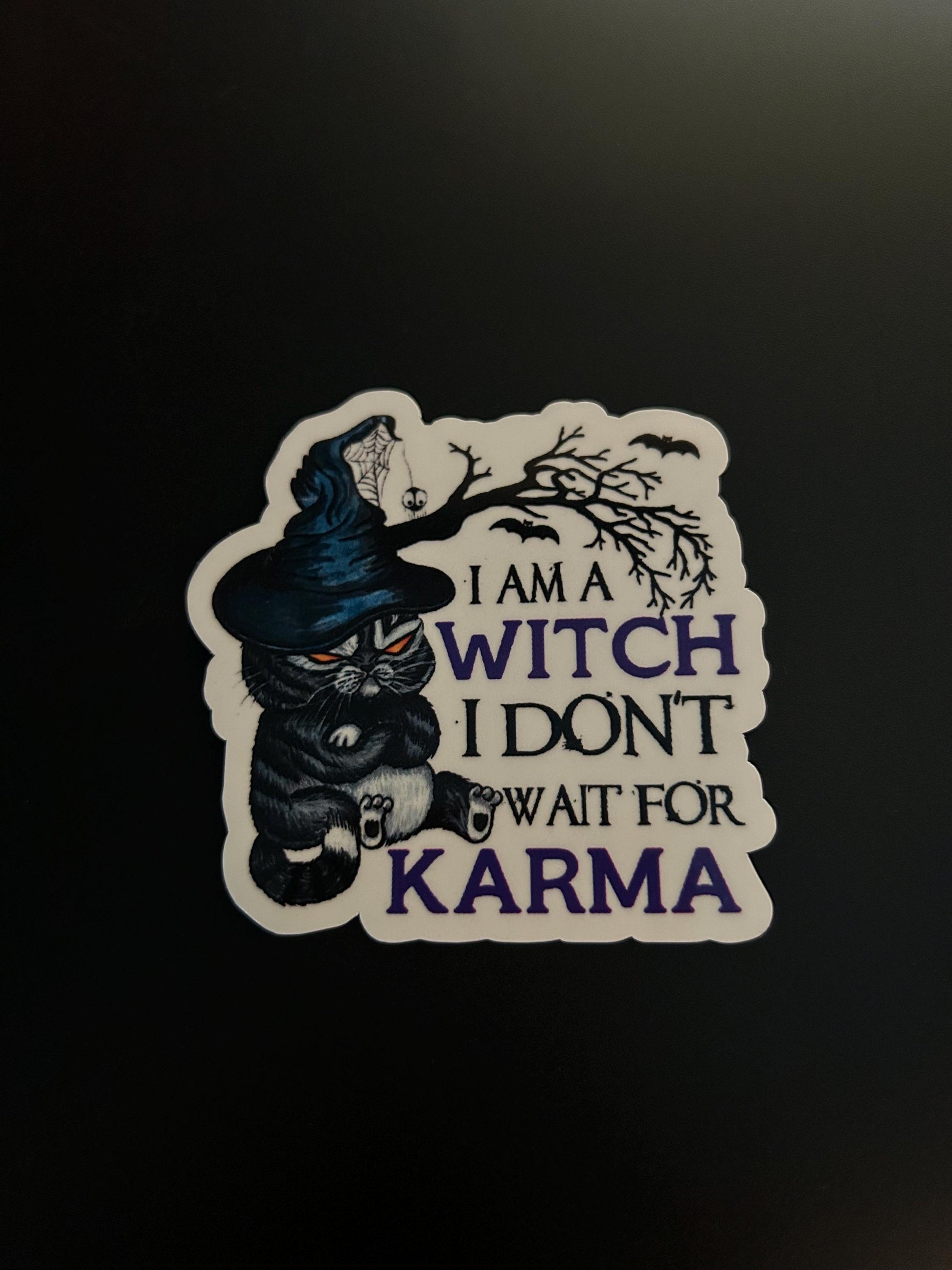 Funny Cute Cat Witch Sticker, I’m a Witch, I Don’t Wait for Karma, Magical Vinyl Decal for Witches and Cat Lovers