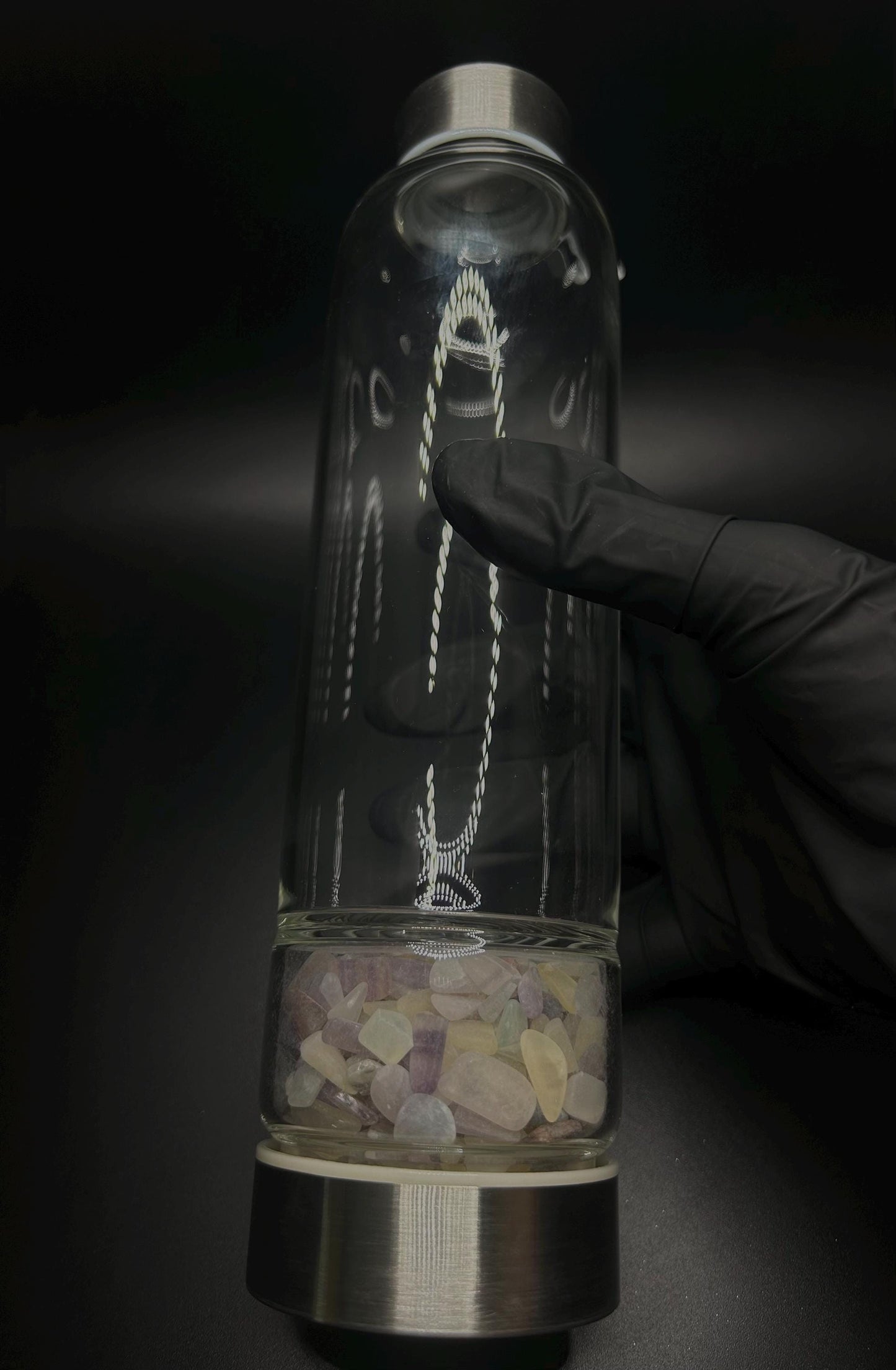 Fluorite Crystal Water Bottle, Glass and Metal Gemstone Infused Bottle for Protection, Increase Confidence, Spiritual gift