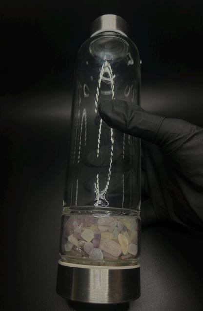 Fluorite Crystal Water Bottle, Glass and Metal Gemstone Infused Bottle for Protection, Increase Confidence, Spiritual gift