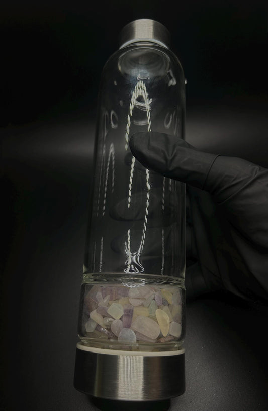 Fluorite Crystal Water Bottle, Glass and Metal Gemstone Infused Bottle for Protection, Increase Confidence, Spiritual gift