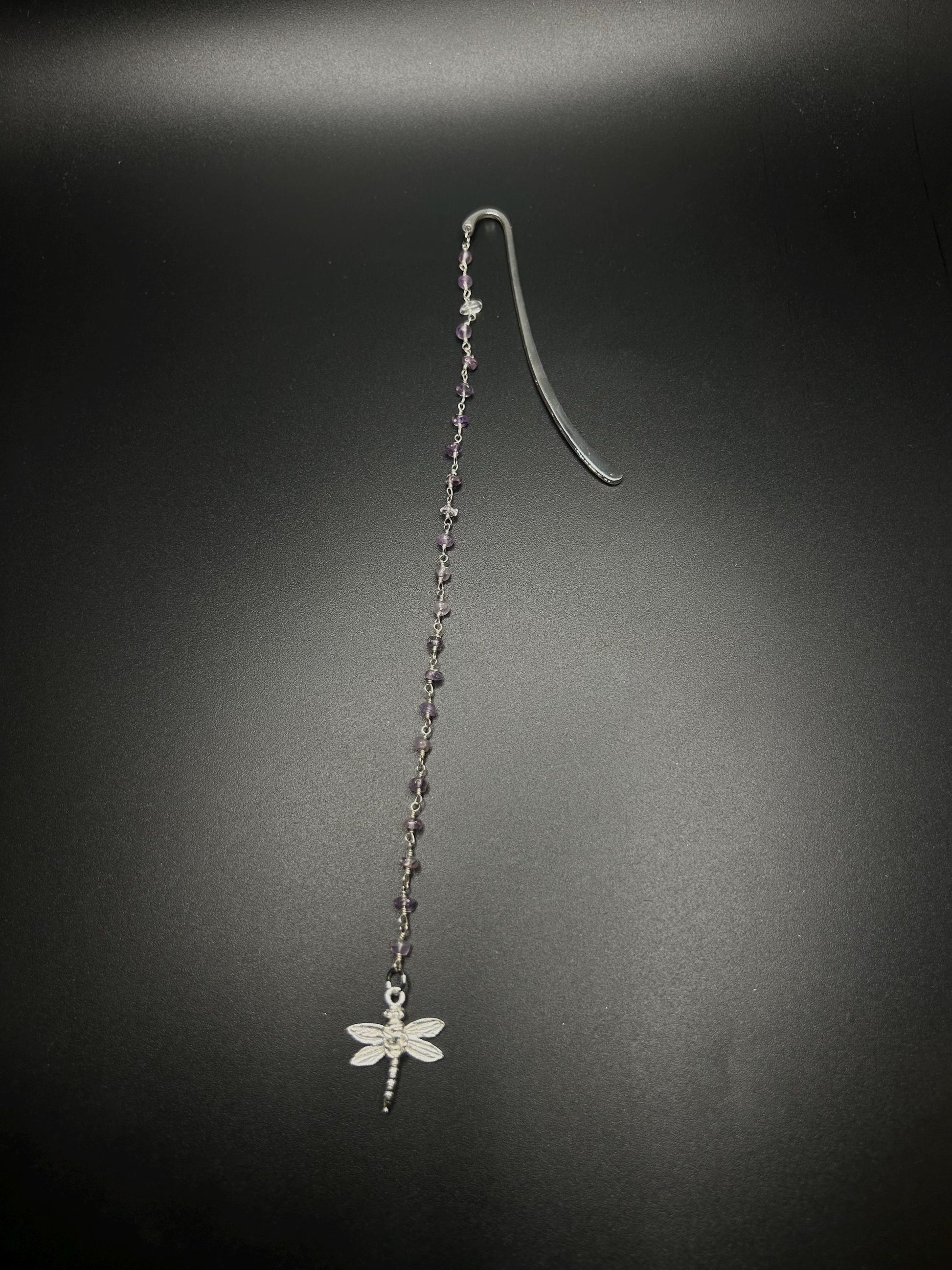 Silver Bookmark – Handmade Crystal Bookmark for Book Lovers, Elegant Silver-Plated Bookmark with Amethyst, Dragonfly Pendant