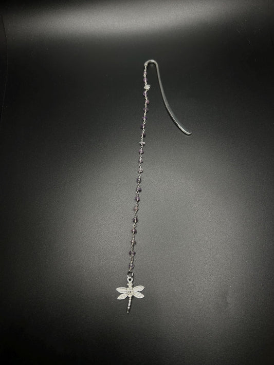 Silver Bookmark – Handmade Crystal Bookmark for Book Lovers, Elegant Silver-Plated Bookmark with Amethyst, Dragonfly Pendant