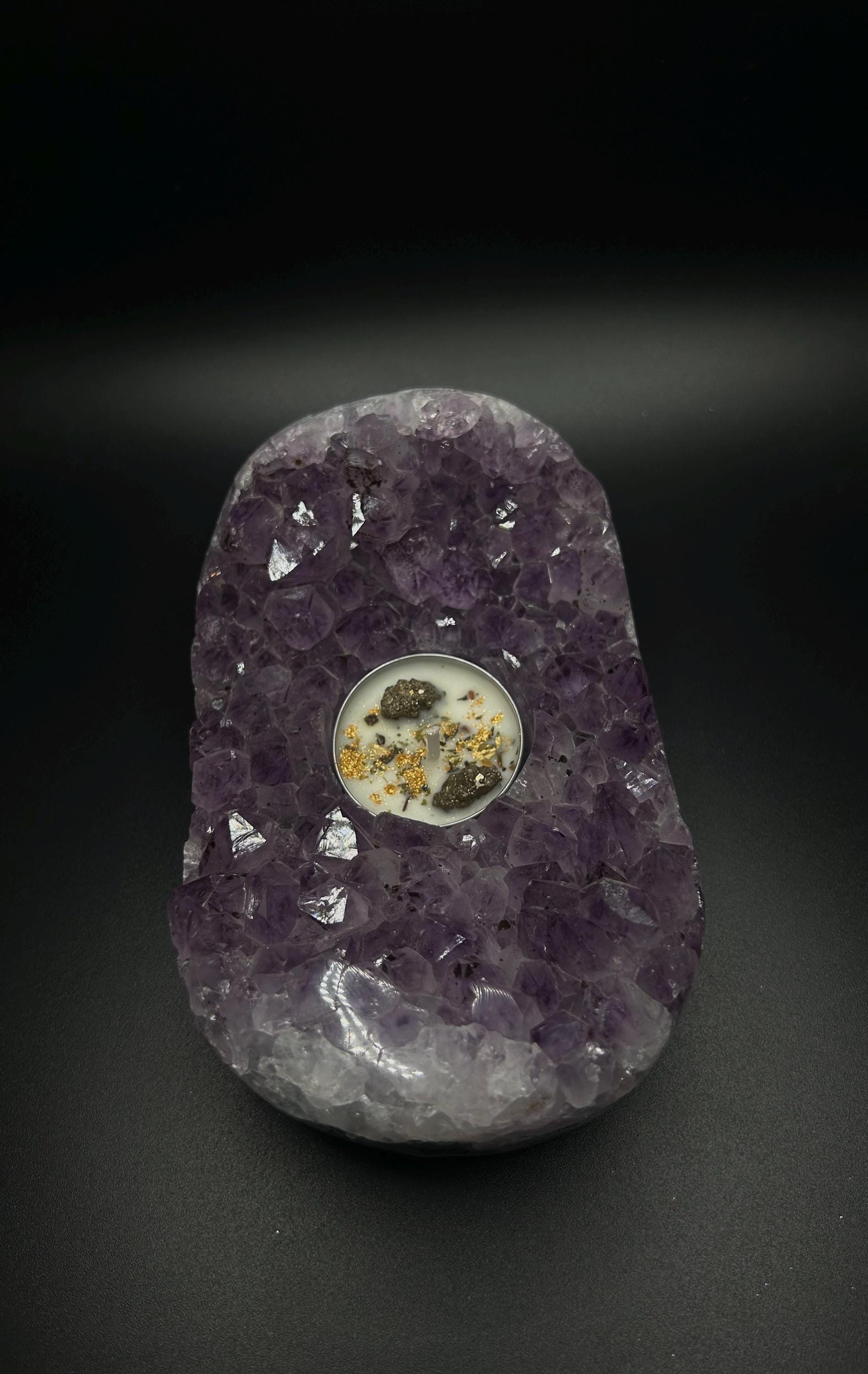 Rough Amethyst Tea Light Candle Holder, Witchy Crystal Decor for Altar, Meditation & Spiritual Healing Gift