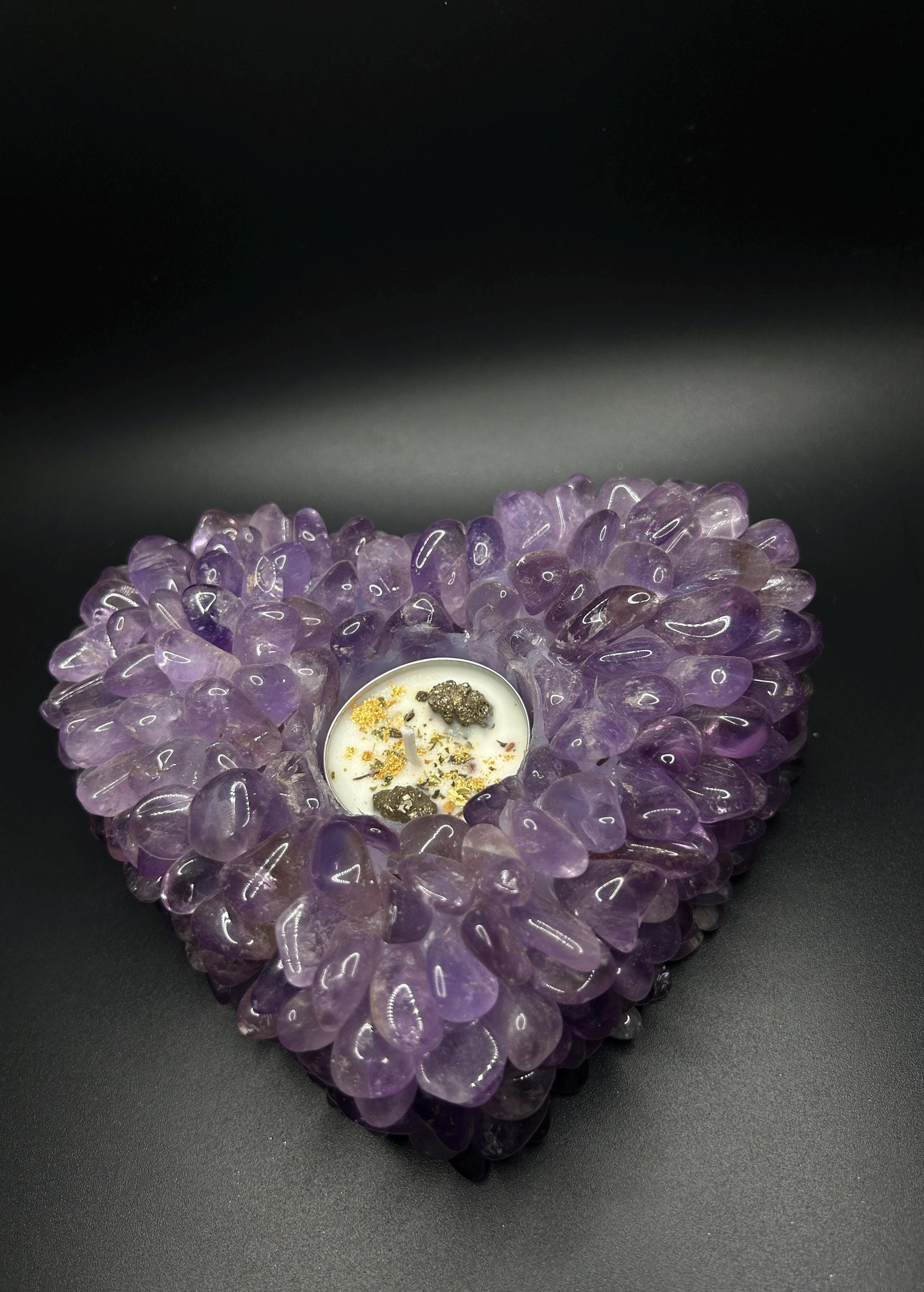 Amethyst Tea Light Candle Holder, Heart Shape, Witchy Crystal Decor for Altar, Meditation & Spiritual Healing Gift