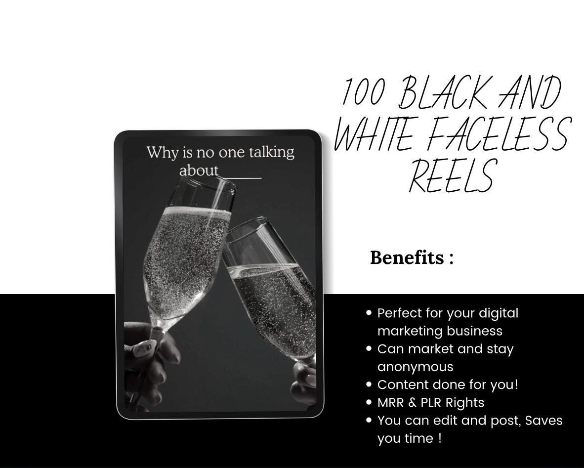 100 Black & White Faceless Reels, Viral Short Form Video Templates with MRR PLR Rights, Editable Reels for TikTok Instagram Content Creator