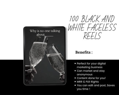 100 Black & White Faceless Reels, Viral Short Form Video Templates with MRR PLR Rights, Editable Reels for TikTok Instagram Content Creator