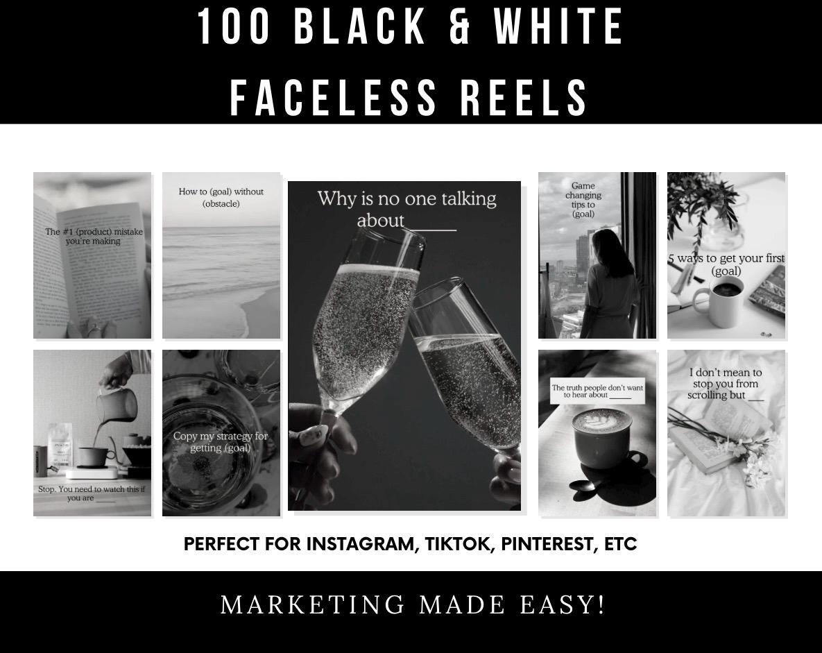100 Black & White Faceless Reels, Viral Short Form Video Templates with MRR PLR Rights, Editable Reels for TikTok Instagram Content Creator