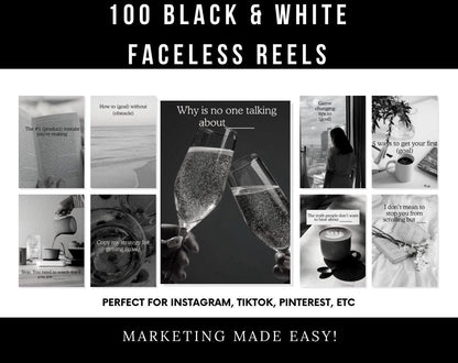 100 Black & White Faceless Reels, Viral Short Form Video Templates with MRR PLR Rights, Editable Reels for TikTok Instagram Content Creator