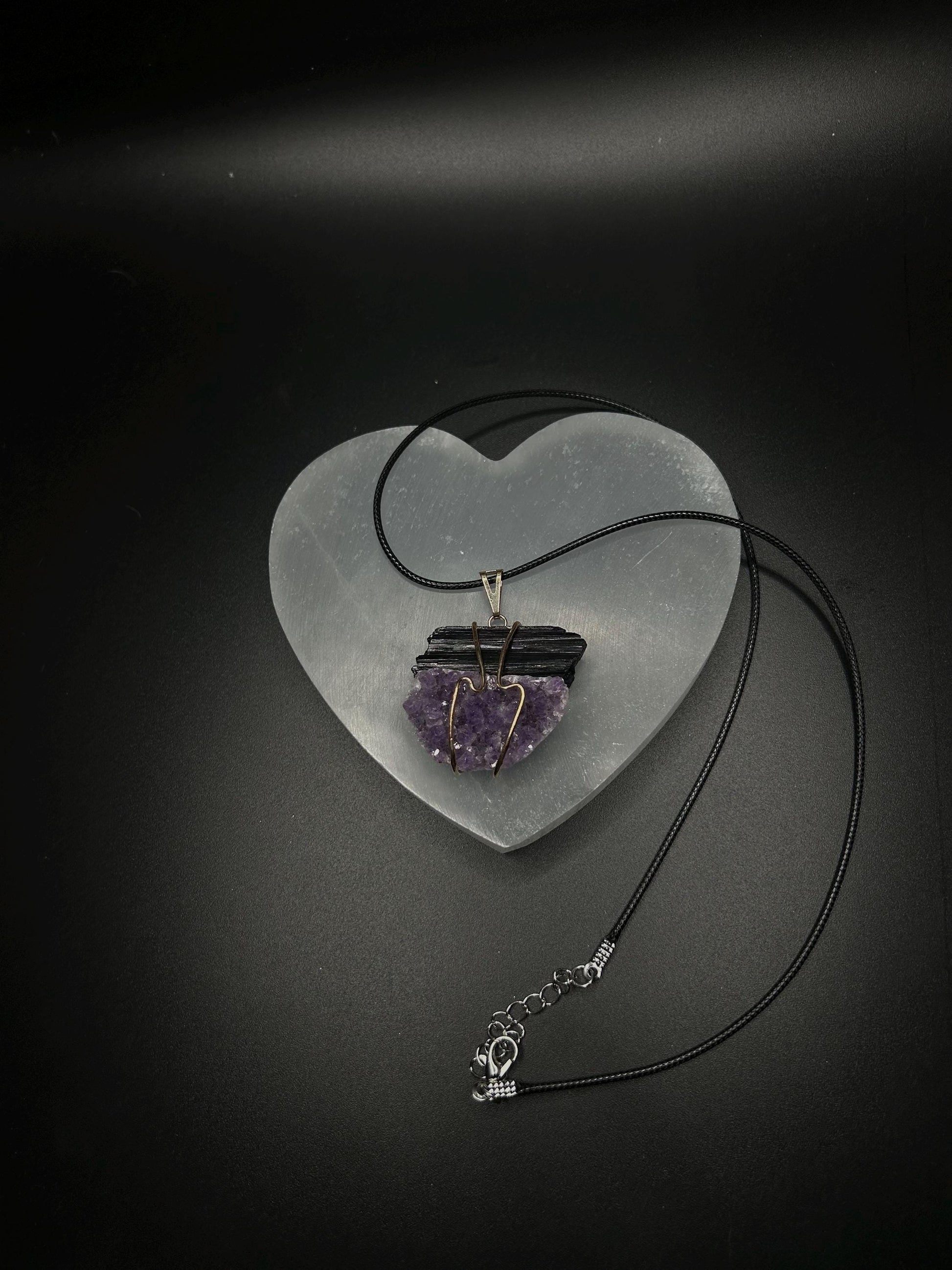 Amethyst and Black Tourmaline Necklace, Wire Wrapped Crystal Pendant, Protection and Healing Necklace, Spiritual Crystal Jewelry Gift
