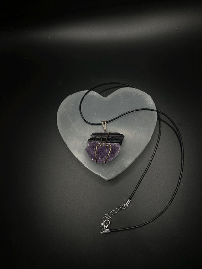 Amethyst and Black Tourmaline Necklace, Wire Wrapped Crystal Pendant, Protection and Healing Necklace, Spiritual Crystal Jewelry Gift