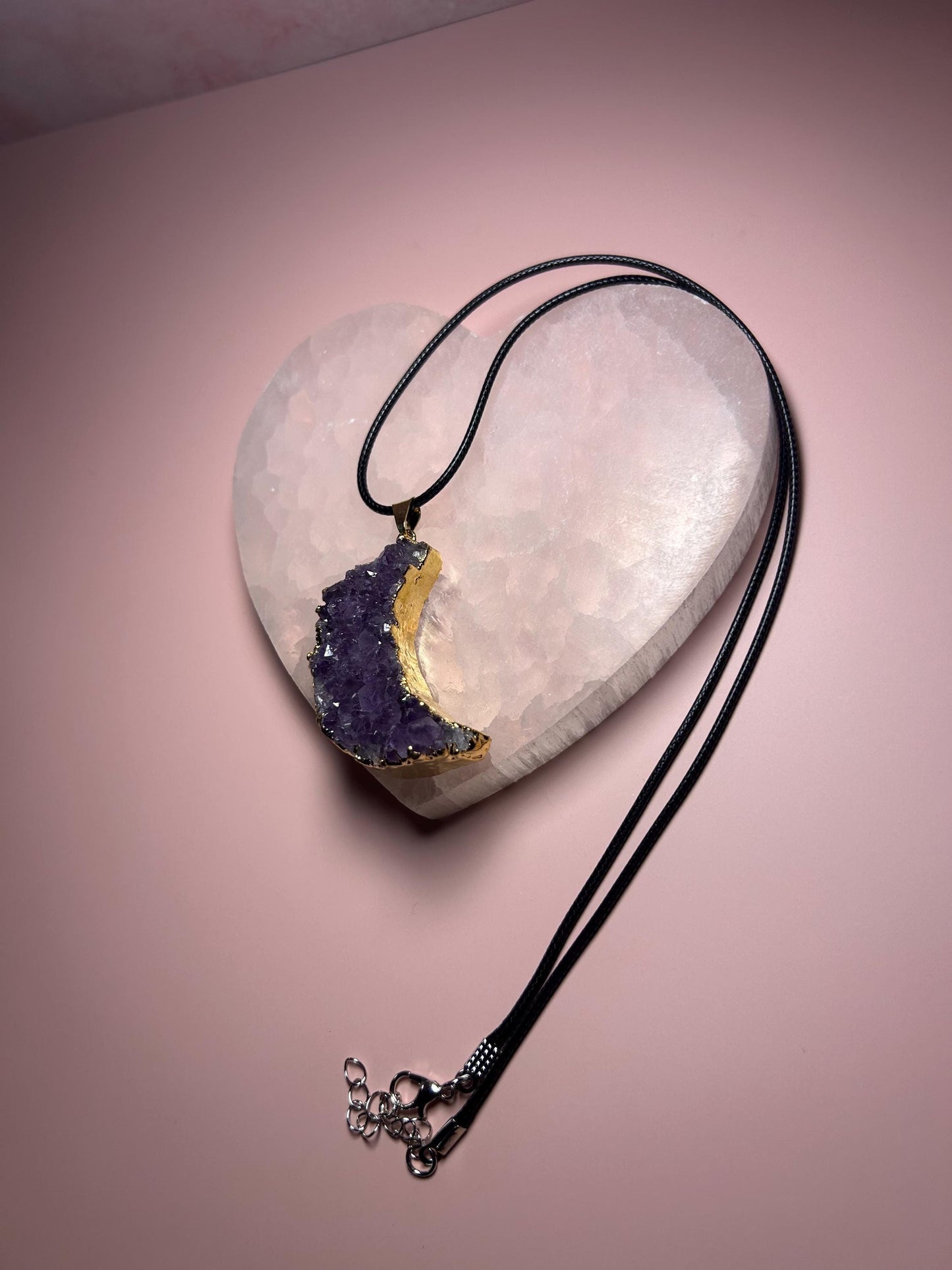 Druzy Moon Gold Amethyst Pendant, Raw Crystal Crescent Necklace, Purple Gemstone Jewelry, Spiritual Witchy Jewelry, Gift for Her