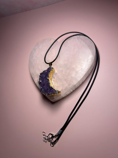 Druzy Moon Gold Amethyst Pendant, Raw Crystal Crescent Necklace, Purple Gemstone Jewelry, Spiritual Witchy Jewelry, Gift for Her