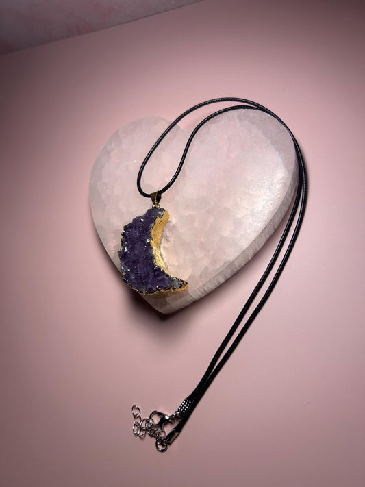 Druzy Moon Gold Amethyst Pendant, Raw Crystal Crescent Necklace, Purple Gemstone Jewelry, Spiritual Witchy Jewelry, Gift for Her
