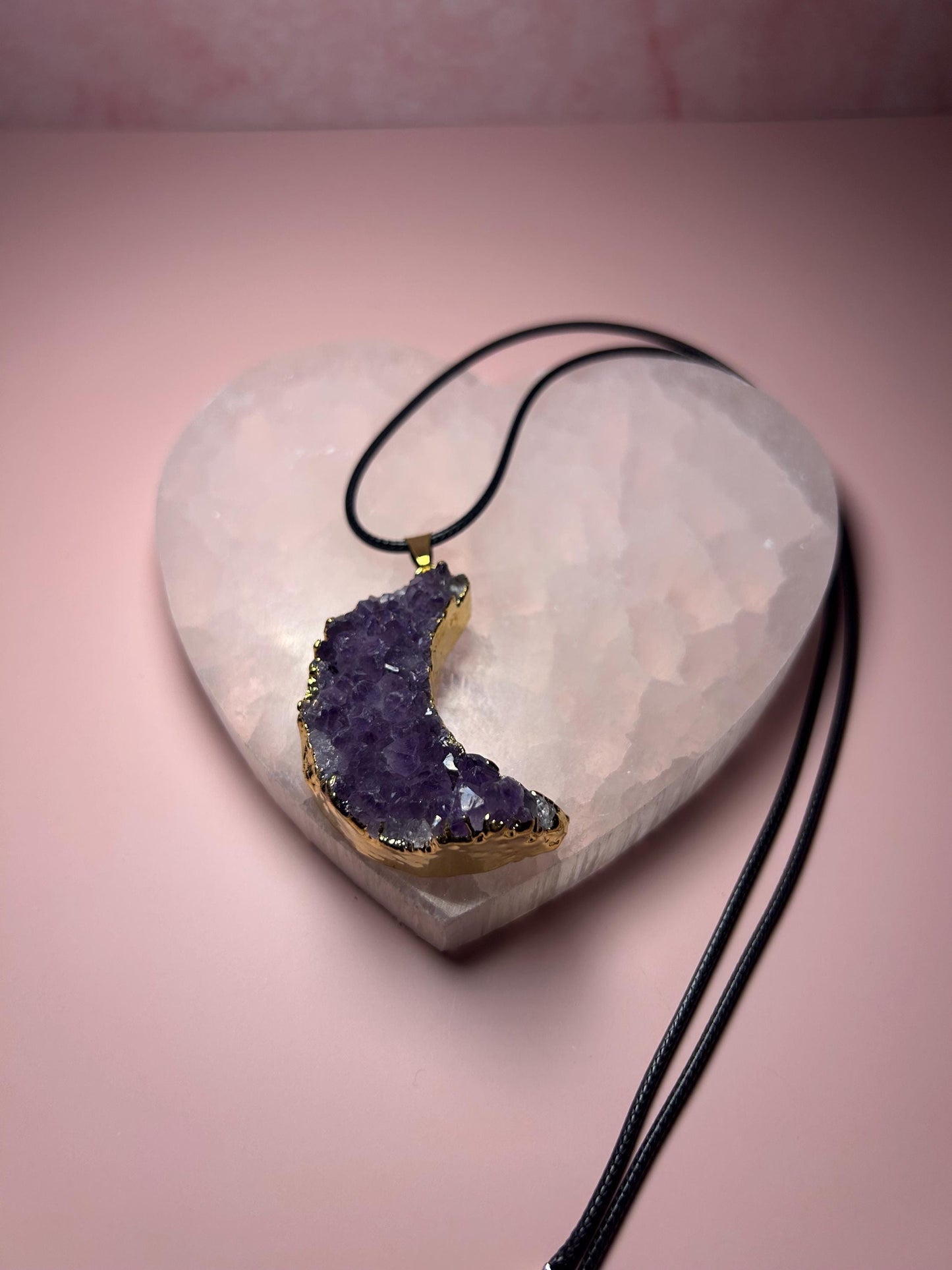 Druzy Moon Gold Amethyst Pendant, Raw Crystal Crescent Necklace, Purple Gemstone Jewelry, Spiritual Witchy Jewelry, Gift for Her