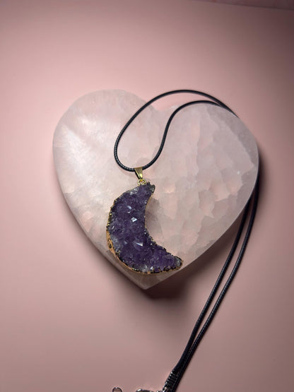 Druzy Moon Gold Amethyst Pendant, Raw Crystal Crescent Necklace, Purple Gemstone Jewelry, Spiritual Witchy Jewelry, Gift for Her