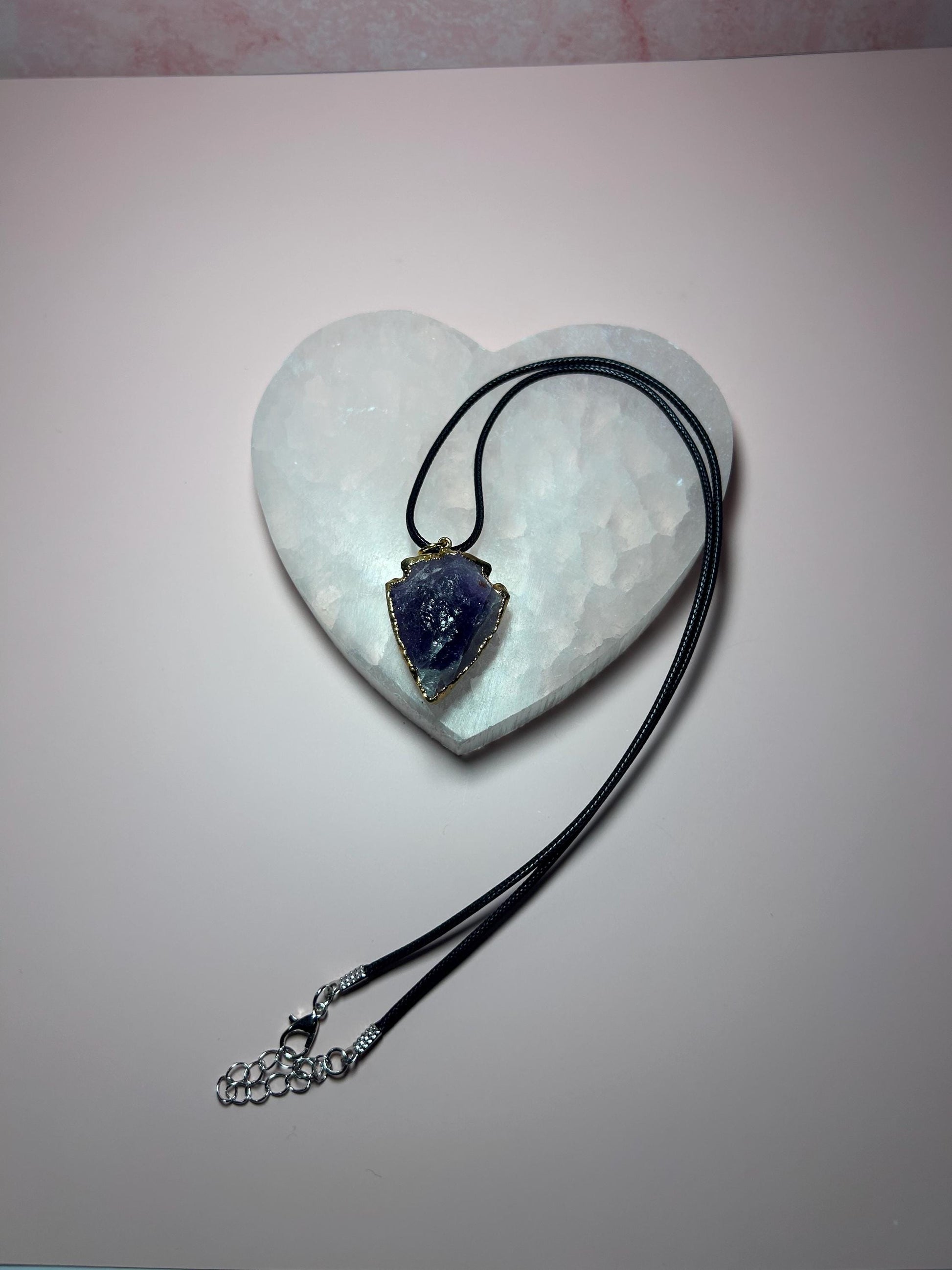 Gold Edge Amethyst Arrowhead Pendant, Raw Crystal Protection Necklace for Intuition, Calm & Healing, Spiritual Jewelry Gift