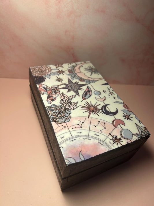 Wooden Celestial Storage Box, Moon and Stars Trinket Box, Boho Jewelry Organizer, Witchy Keepsake Box, Gift for Astrology Lovers