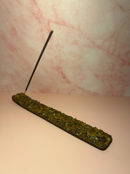 Tiger’s Eye Crystal Wooden Incense Burner, Spiritual Protection Smudge, Boho Altar Decor, Crystal Holder, Witchy Gift for Her
