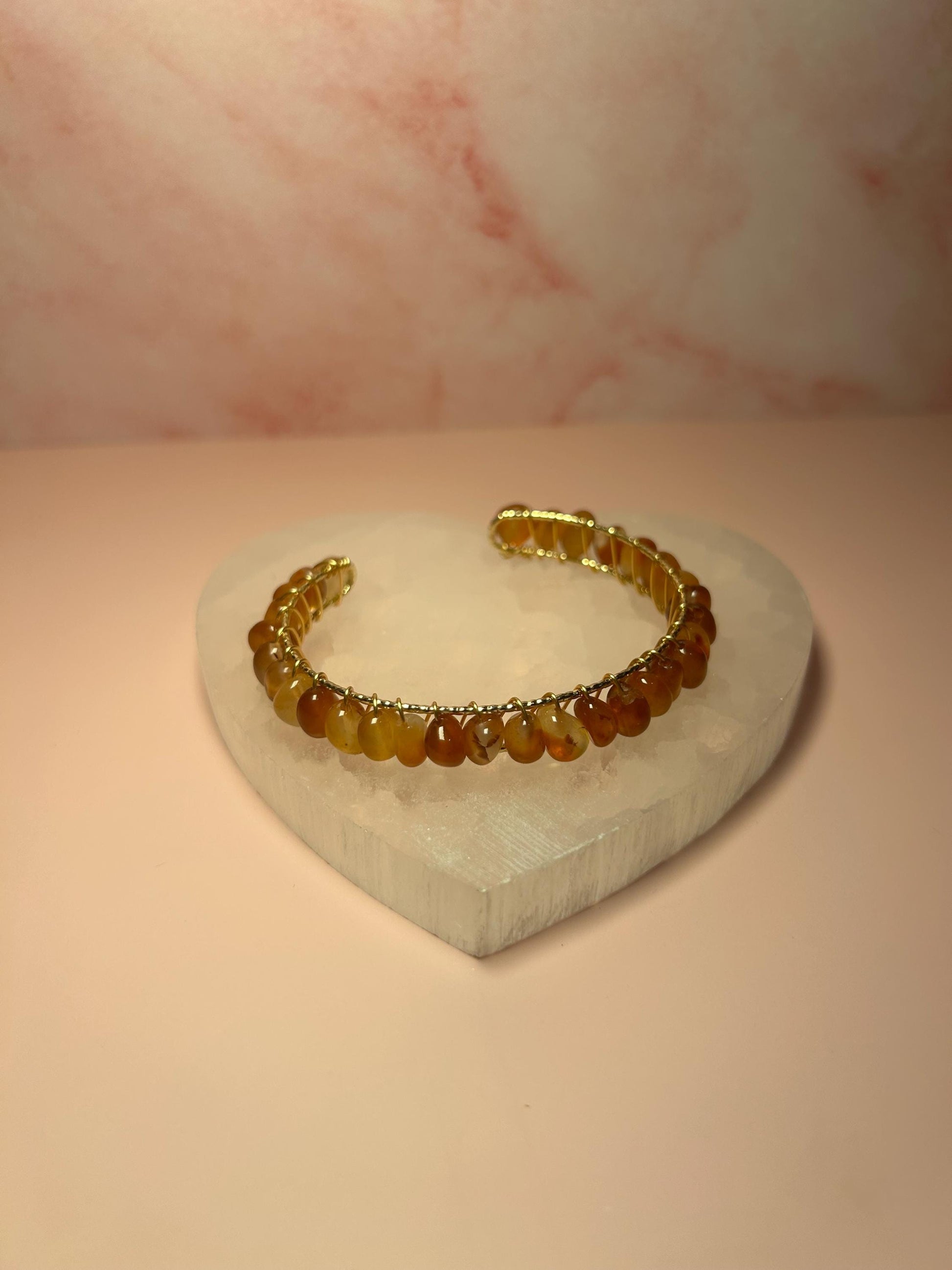 Carnelian Cuff Bangle, Wire Wrapped Yellow Gold Bracelet for Confidence & Creativity, Crystal Healing Jewelry