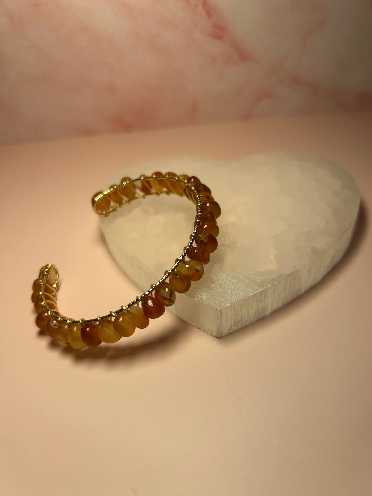 Carnelian Cuff Bangle, Wire Wrapped Yellow Gold Bracelet for Confidence & Creativity, Crystal Healing Jewelry