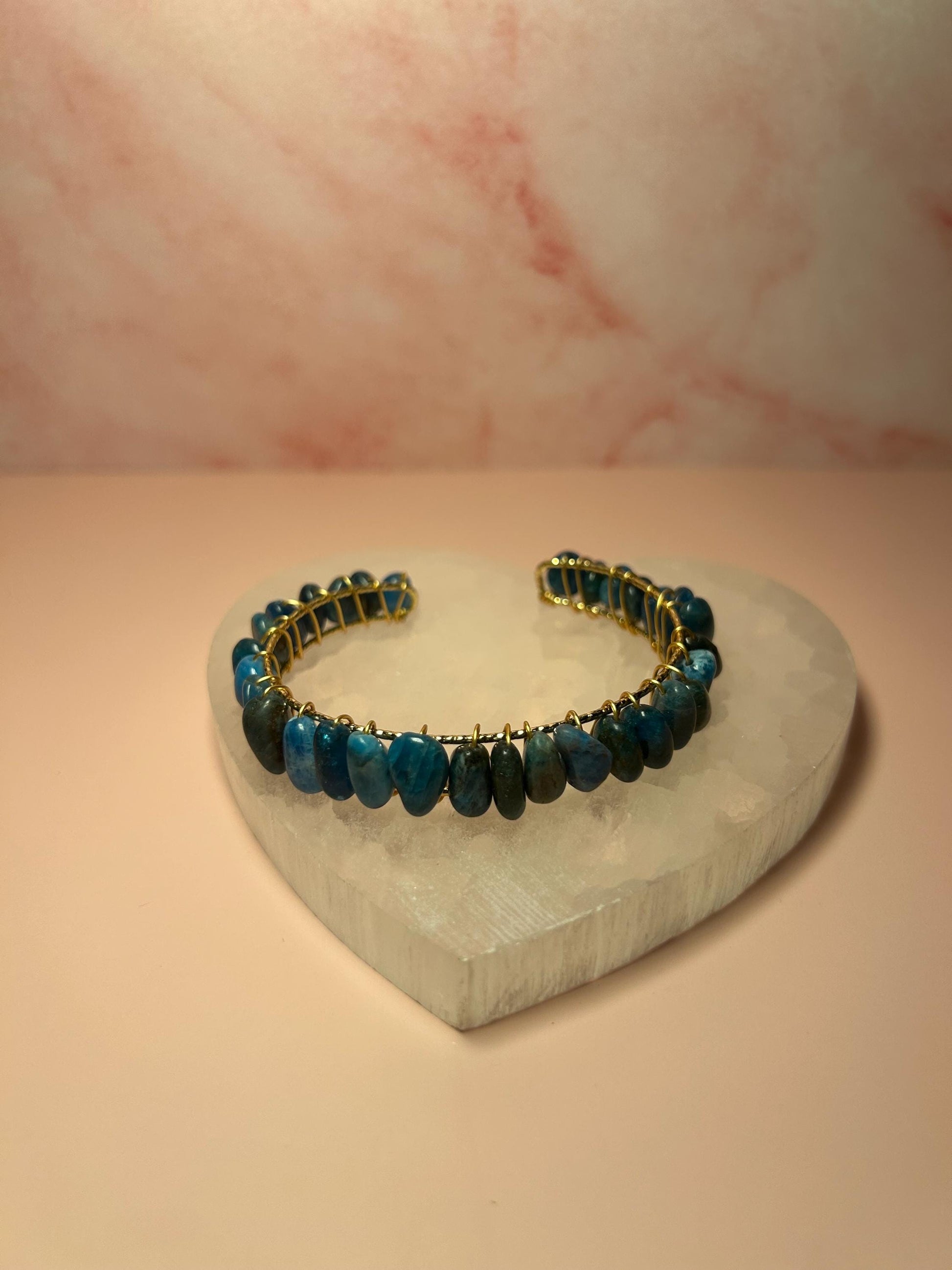Blue Apatite Crystal Cuff , Yellow Gold Wire Wrapped Bangle Bracelet, Healing Crystal Jewelry , Spiritual Gift, Throat Chakra Stone