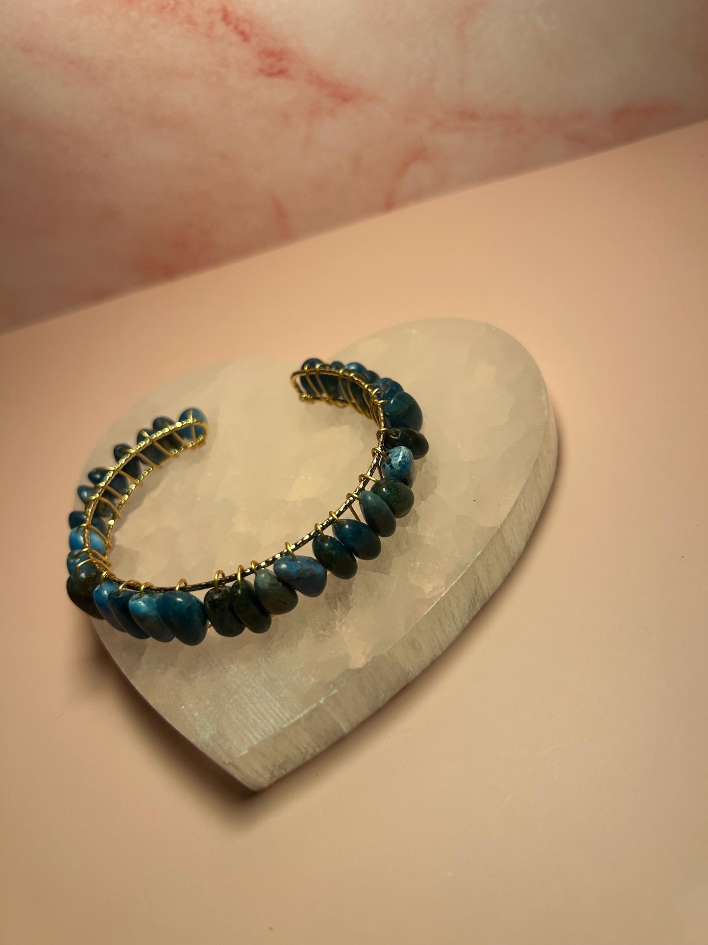 Blue Apatite Crystal Cuff , Yellow Gold Wire Wrapped Bangle Bracelet, Healing Crystal Jewelry , Spiritual Gift, Throat Chakra Stone