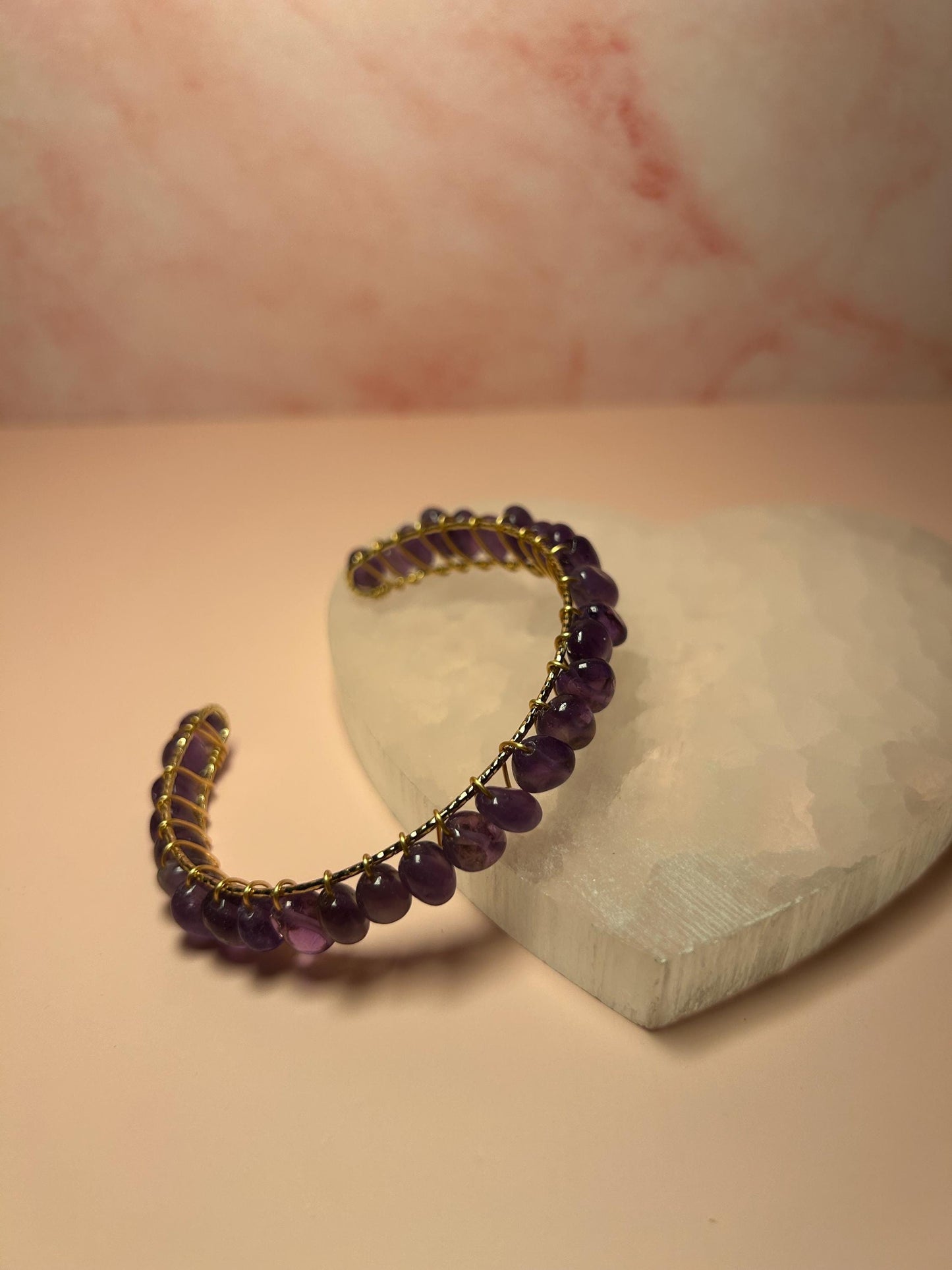 Amethyst Crystal Bangle Cuff, Yellow Gold Wire Wrapped Bracelet, February Birthstone, Third Eye Chakra Jewelry, Spiritual Gift for Her