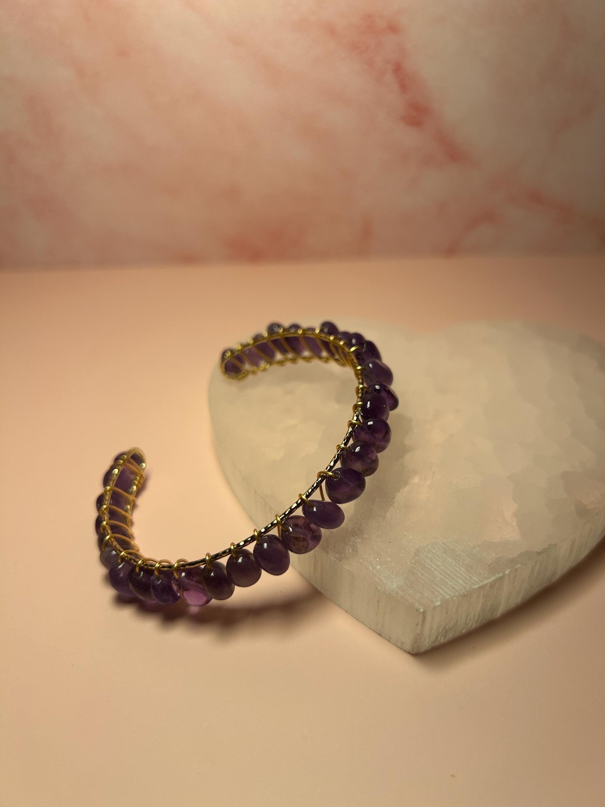 Amethyst Crystal Bangle Cuff, Yellow Gold Wire Wrapped Bracelet, February Birthstone, Third Eye Chakra Jewelry, Spiritual Gift for Her