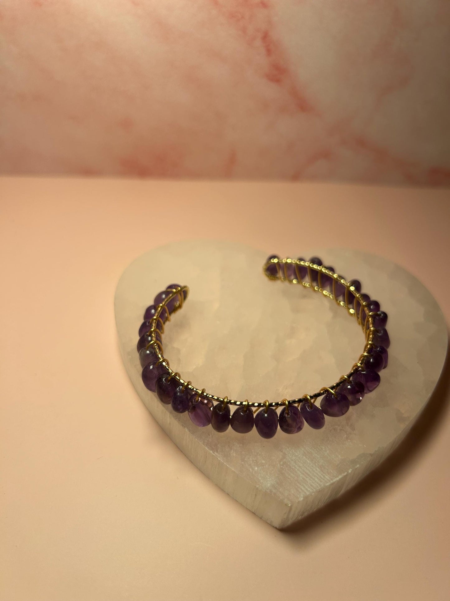 Amethyst Crystal Bangle Cuff, Yellow Gold Wire Wrapped Bracelet, February Birthstone, Third Eye Chakra Jewelry, Spiritual Gift for Her