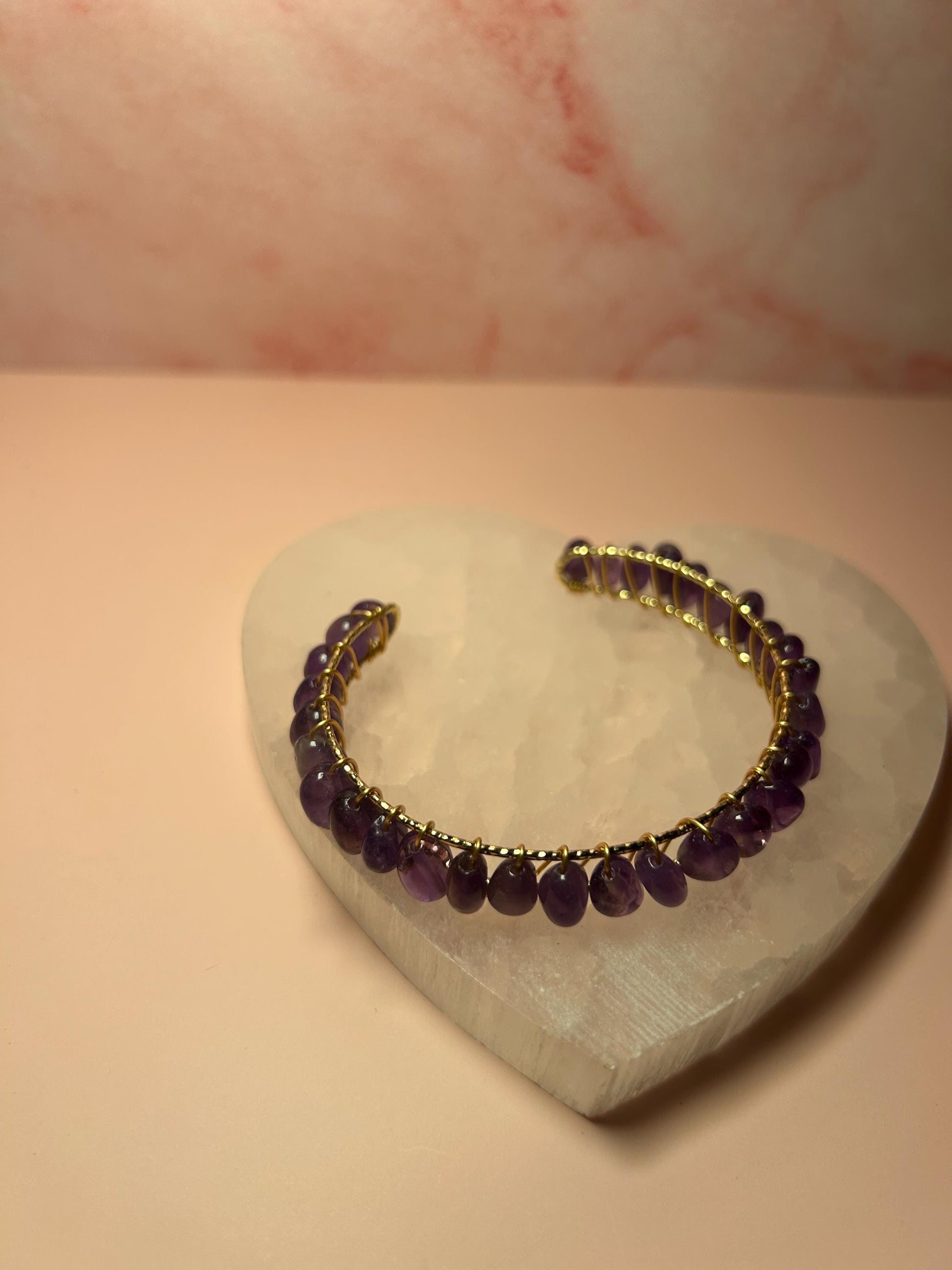 Amethyst Crystal Bangle Cuff, Yellow Gold Wire Wrapped Bracelet, February Birthstone, Third Eye Chakra Jewelry, Spiritual Gift for Her