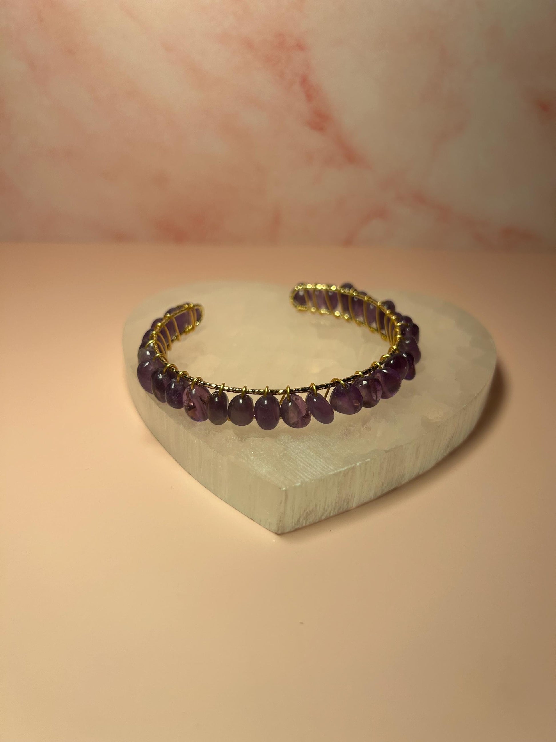 Amethyst Crystal Bangle Cuff, Yellow Gold Wire Wrapped Bracelet, February Birthstone, Third Eye Chakra Jewelry, Spiritual Gift for Her