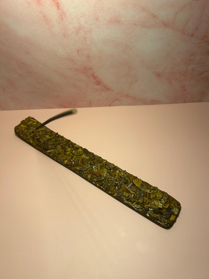 Tiger’s Eye Crystal Wooden Incense Burner, Spiritual Protection Smudge, Boho Altar Decor, Crystal Holder, Witchy Gift for Her