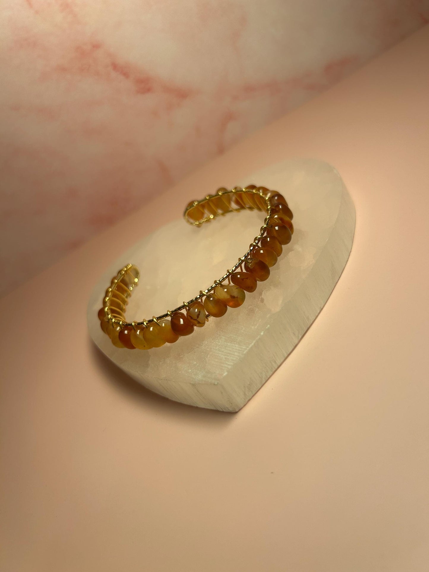 Carnelian Cuff Bangle, Wire Wrapped Yellow Gold Bracelet for Confidence & Creativity, Crystal Healing Jewelry