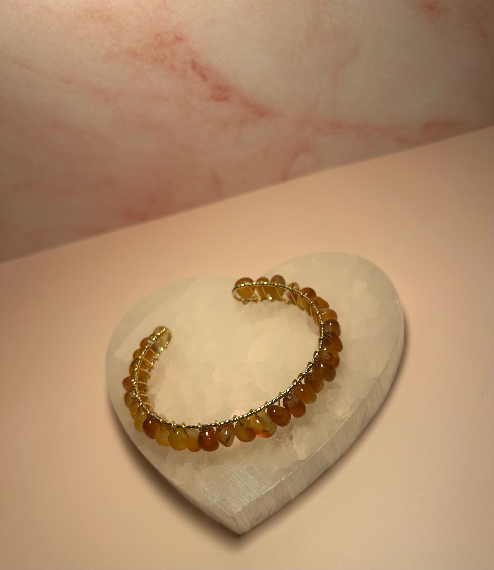 Carnelian Cuff Bangle, Wire Wrapped Yellow Gold Bracelet for Confidence & Creativity, Crystal Healing Jewelry