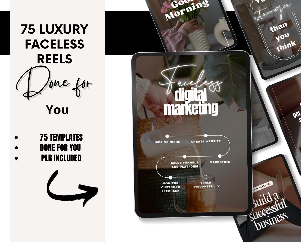 75 Faceless Reels with Text, Viral Reels for Faceless Marketing, PLR Digital Product, Editable Instagram Reels Content Templates