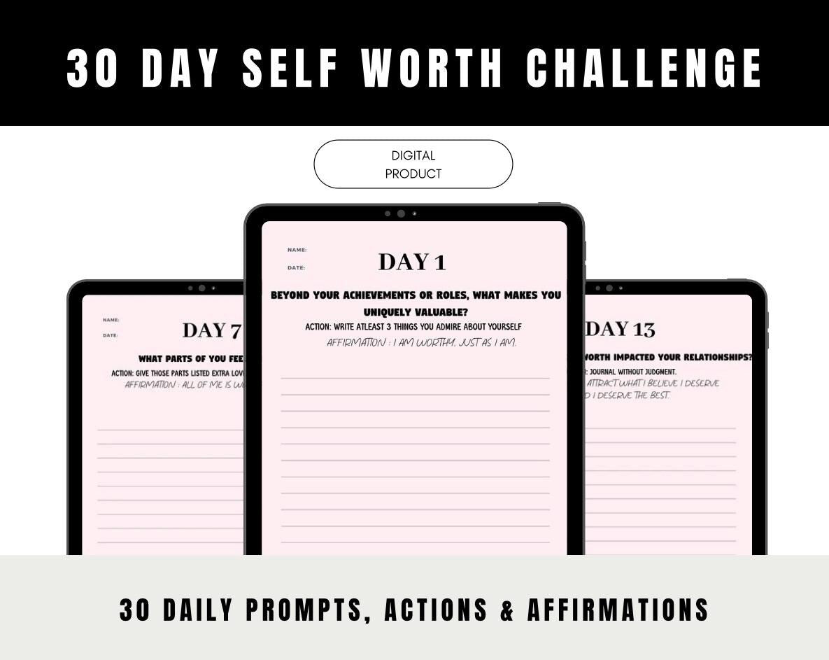 30 Day Self-Worth Challenge, Confidence & Self-Esteem Workbook, Boost Self-Love, Digital Personal Growth PDF, Self-Concept Journal