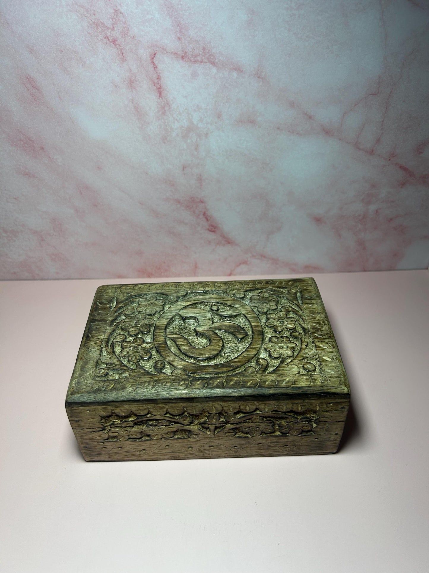 OM Carved Wooden Storage Box, Spiritual Keepsake Box, Boho Meditation Altar Box, Chakra Jewelry Holder, Yoga Decor Gift
