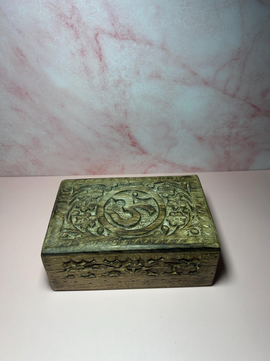 OM Carved Wooden Storage Box, Spiritual Keepsake Box, Boho Meditation Altar Box, Chakra Jewelry Holder, Yoga Decor Gift