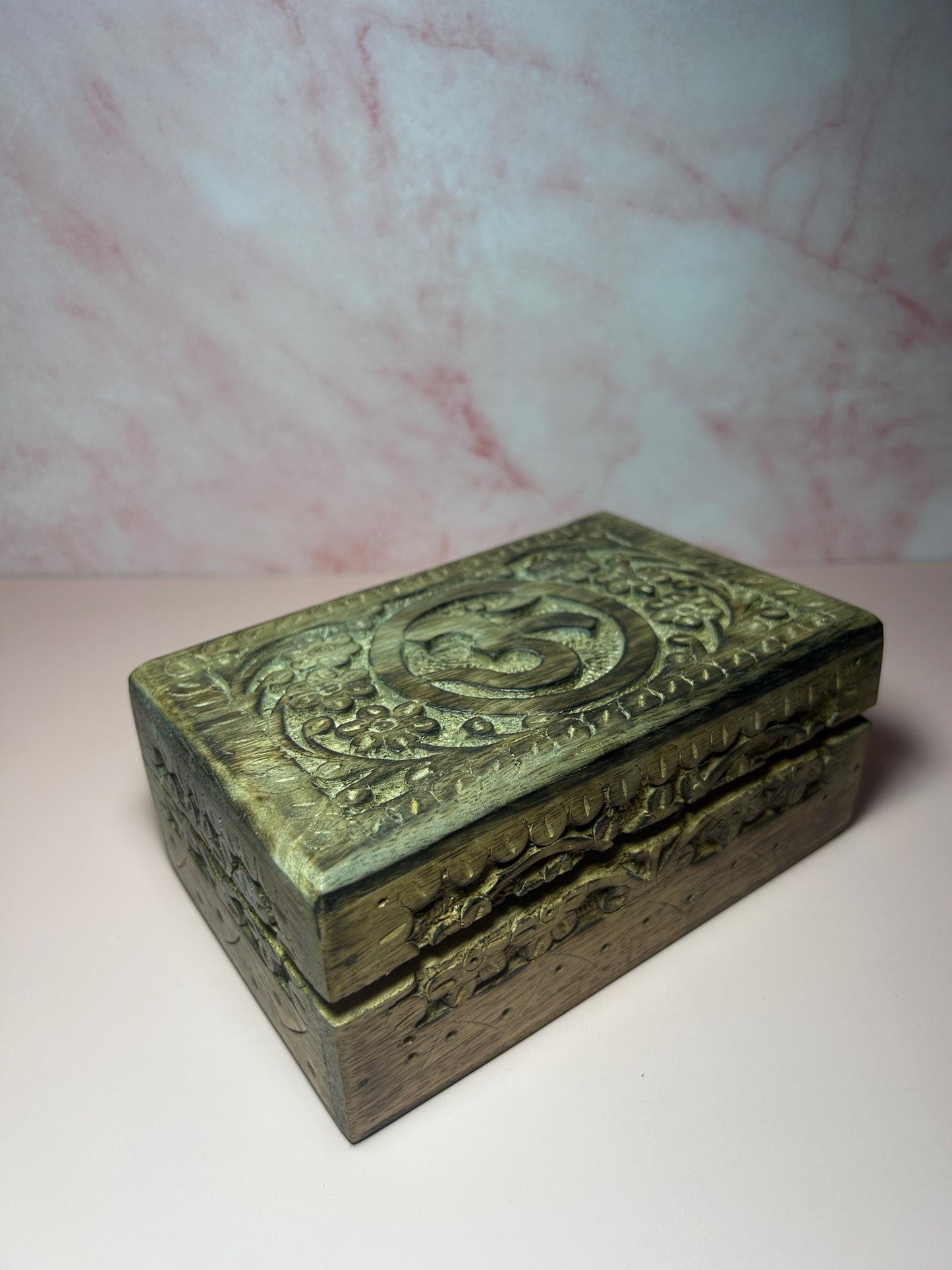 OM Carved Wooden Storage Box, Spiritual Keepsake Box, Boho Meditation Altar Box, Chakra Jewelry Holder, Yoga Decor Gift