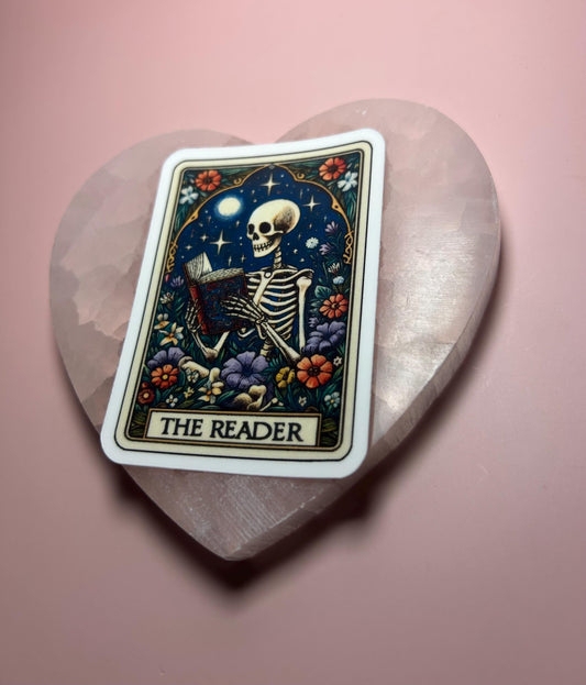Skeleton Book Lover Tarot Card Sticker, Witchy Bibliophile Decal, Halloween Occult Reading Journal Laptop Sticker