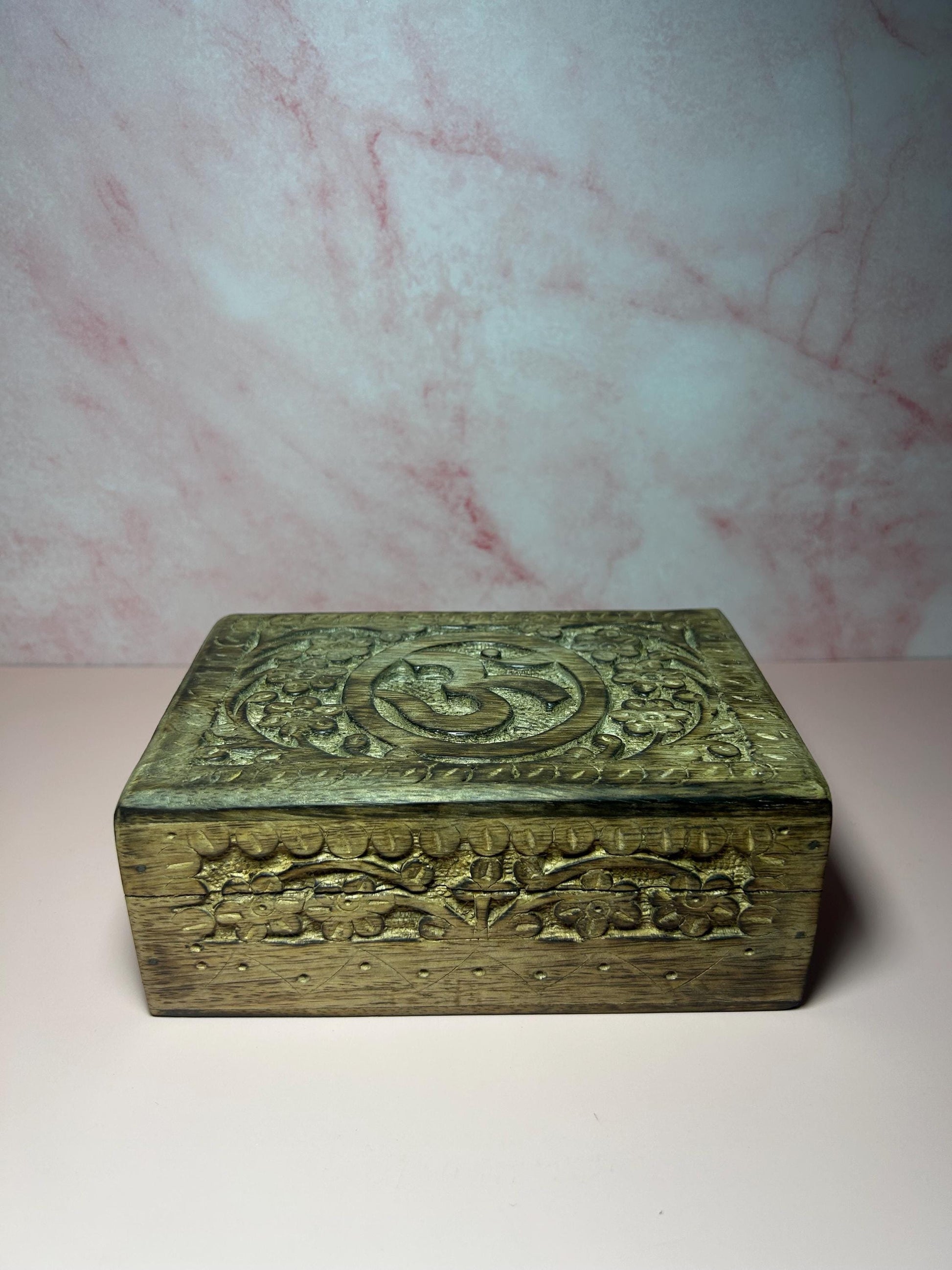 OM Carved Wooden Storage Box, Spiritual Keepsake Box, Boho Meditation Altar Box, Chakra Jewelry Holder, Yoga Decor Gift