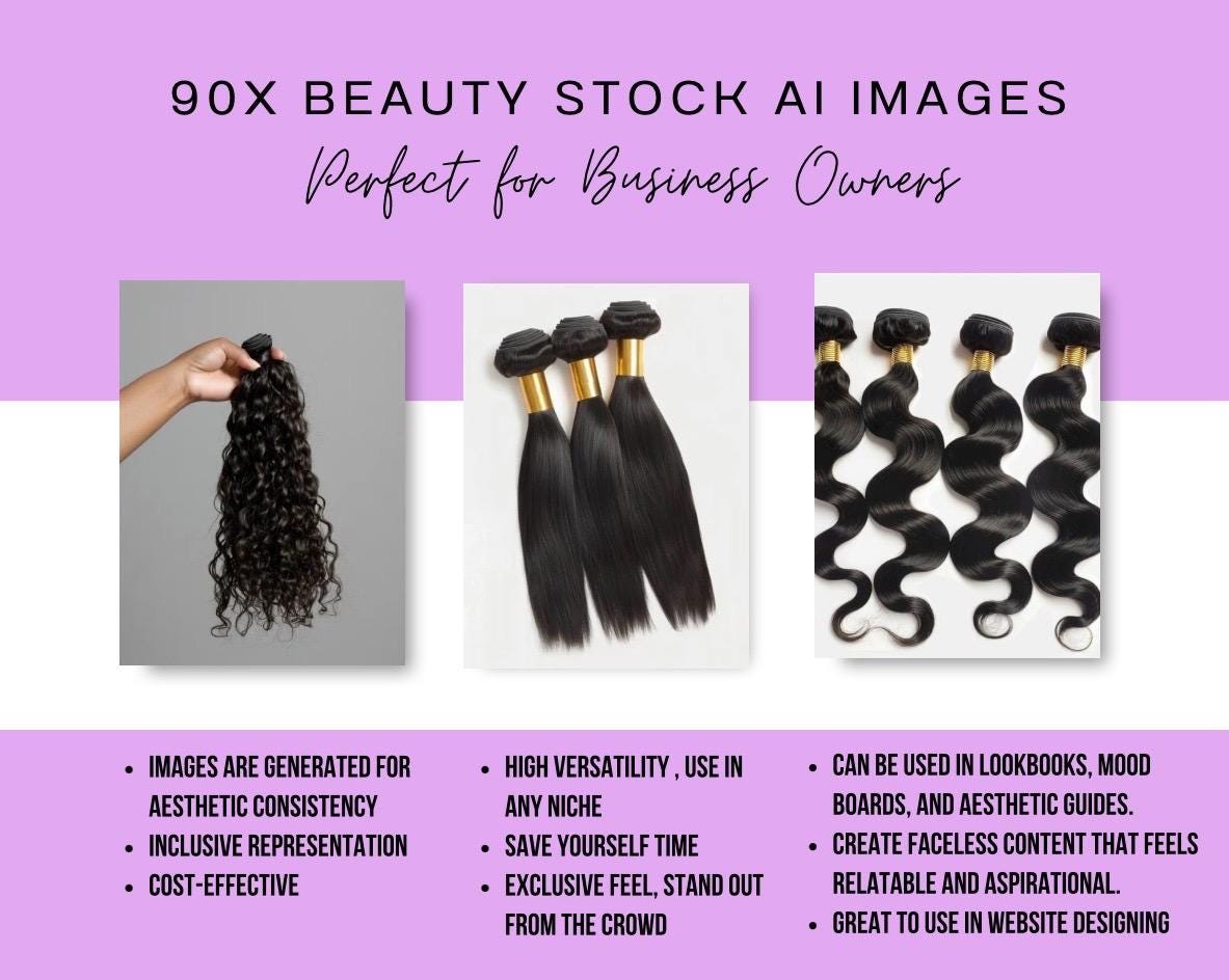 90 Raw Hair Bundles AI Stock Images, Hair Extension & Wig Business Product Photos, Social Media Marketing Content Pack, Digital Download